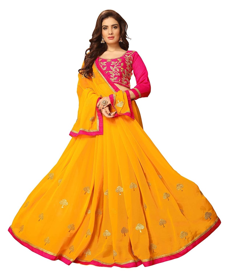 Embellished Bollywood Poly Georgette Saree Yellow Embroidered with blouse piece women dress indian traditional new design