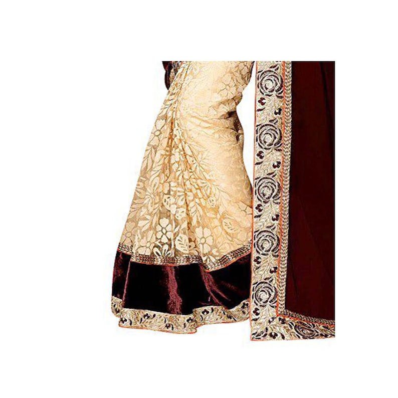 Floral Print Bollywood Poly Georgette Beige, Maroon women dress indian traditional design Cotton Blend Saree Embroidered