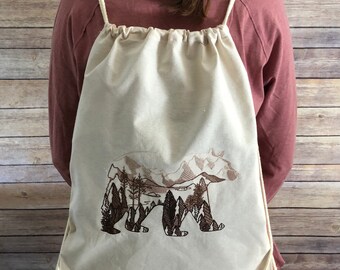 Brown California Bear Drawstring Canvas Bag