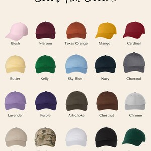 May include: A display of baseball caps in various solid colors, including blush, maroon, Texas orange, mango, cardinal, butter, kelly, sky blue, navy, charcoal, lavender, purple, artichoke, chestnut, chrome, stone, tan camo, white, black, and forest. The text "Solid Hat Colors" is at the top.