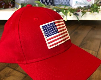 American Flag red soft cotton hat: Embroidered patch baseball cap