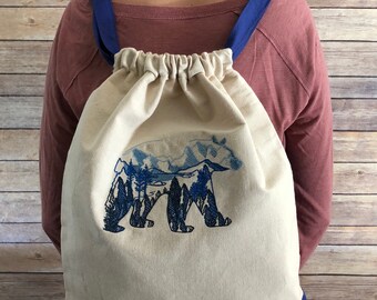 Blue California Bear Drawstring Canvas Bag