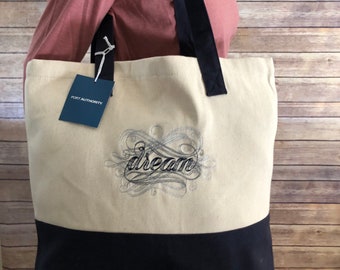 Blue Embroidered "Dream" Tote Bag