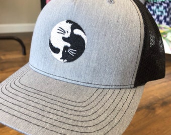 Ying Yang Cat Embroidered Trucker Hat - Adjustable Snapback