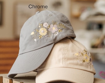 Soft Floral Embroidered Hat, 100 % Cotton Baseball Cap With Flowers, Customizable with name