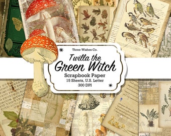 Green Witch Scrapbook Pages, Botanical Grimoire Ephemera (Digital Download)
