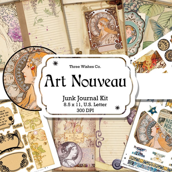 Art Nouveau Kit, alphonse mucha, junk journal, Printable, budget, beginners kit, digital collage, scrapbooking ephemera, instant download