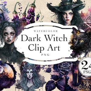 Dark Witch-illustraties, aquarel png-afbeeldingen, plakboek ephemera (digitale download)