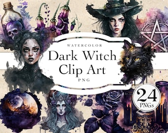 Dark Witch-illustraties, aquarel png-afbeeldingen, plakboek ephemera (digitale download)