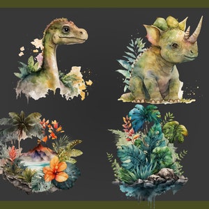 May include: Watercolor illustrations of dinosaurs and tropical foliage. The image features a Brontosaurus, a Triceratops, a tropical island scene with a volcano, and a lush arrangement of tropical plants. The artwork has a soft, painterly style with a muted color palette.