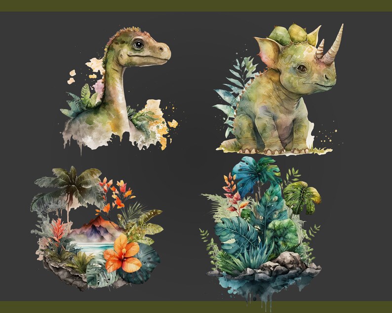 May include: Watercolor illustrations of dinosaurs and tropical foliage. The image features a Brontosaurus, a Triceratops, a tropical island scene with a volcano, and a lush arrangement of tropical plants. The artwork has a soft, painterly style with a muted color palette.