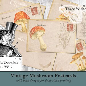 Vintage Pilz Postkarten druckbare Pilz Papier Handwerk Scrapbooking Junk Journal sofortigen Download, Aufkleber Bild, digitale Stempel