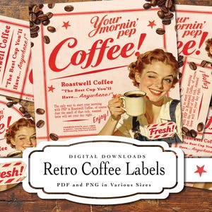 Puede incluir: Una colección de etiquetas de café de estilo retro con una estética vintage. Las etiquetas presentan a una mujer guiñando un ojo y sosteniendo una taza de café, con el texto "Your mornin' pep Coffee!" y "Roastwell Coffee". Las etiquetas son rojas y blancas.