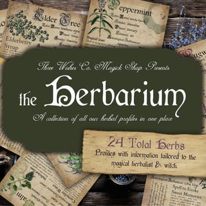 May include: A collection of twenty-four herb profile pages featuring botanical illustrations and text on aged parchment paper. The central dark green overlay displays the text Three Wishes Co. Magick Shop Presents the Herbarium.
