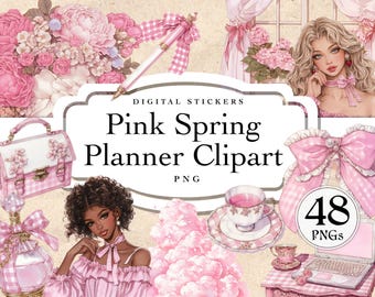 以下が含まれることがあります： 「Pink Spring Planner Clipart」というタイトルのデジタルステッカーセット。ピンクの花、ペン、ハンドバッグ、香水瓶、ティーカップ、ラップトップ、女性のイラストが描かれています。セットには48個のPNGが含まれています。