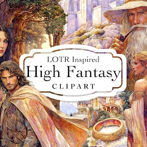 Könnte beinhalten: Eine digitale Illustration einer Fantasy-Szene mit einem Mann und einer Frau in mittelalterlicher Kleidung, einem Zauberer mit einer Pfeife und einem goldenen Ring. Der Text "LOTR Inspired High Fantasy CLIPART" befindet sich in der Mitte des Bildes.