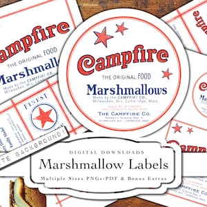 May include: A collection of vintage-style marshmallow labels with the text "Campfire Marshmallows" in red and blue. The labels are in various shapes, including circles and rectangles, and feature star accents. The bottom label reads "Marshmallow Labels".