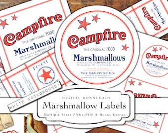 Puede incluir: Una colección de etiquetas de malvaviscos de estilo vintage con el texto "Campfire Marshmallows" en rojo y azul. Las etiquetas tienen varias formas, incluyendo círculos y rectángulos, y presentan acentos de estrellas. La etiqueta inferior dice "Marshmallow Labels".