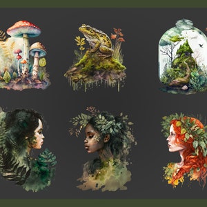 Op de afbeelding: Een digitaal schilderij met zes verschillende aquarel-illustraties. De eerste afbeelding toont een groep paddenstoelen met rode, oranje en gele hoeden. De tweede afbeelding toont een groene kikker die op een mossige rots zit. De derde afbeelding toont een glazen pot met een miniatuurbos erin. De vierde afbeelding toont een vrouw met donker haar en groene bladeren om haar hoofd. De vijfde afbeelding toont een vrouw met een donkere huidskleur en groene bladeren om haar hoofd. De zesde afbeelding toont een vrouw met rood haar en groene bladeren om haar hoofd.