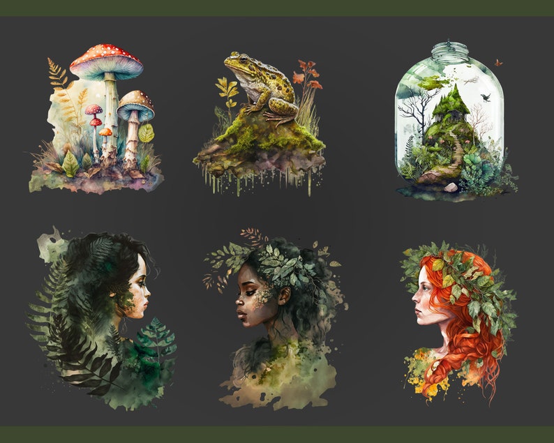 Op de afbeelding: Een digitaal schilderij met zes verschillende aquarel-illustraties. De eerste afbeelding toont een groep paddenstoelen met rode, oranje en gele hoeden. De tweede afbeelding toont een groene kikker die op een mossige rots zit. De derde afbeelding toont een glazen pot met een miniatuurbos erin. De vierde afbeelding toont een vrouw met donker haar en groene bladeren om haar hoofd. De vijfde afbeelding toont een vrouw met een donkere huidskleur en groene bladeren om haar hoofd. De zesde afbeelding toont een vrouw met rood haar en groene bladeren om haar hoofd.