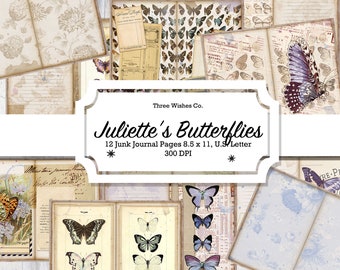 Juliette's Butterflies, Junk Journal, Scrapbooking, Embellishments, Butterfly, Shabby, Nature Botanical, printable papers, instant download