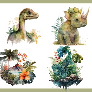 May include: Watercolor illustrations of dinosaurs and tropical scenes. The image features a Brontosaurus, a Triceratops, a tropical island scene with a mountain, and a lush arrangement of tropical plants. The artwork uses a soft color palette with green, orange, and blue hues.