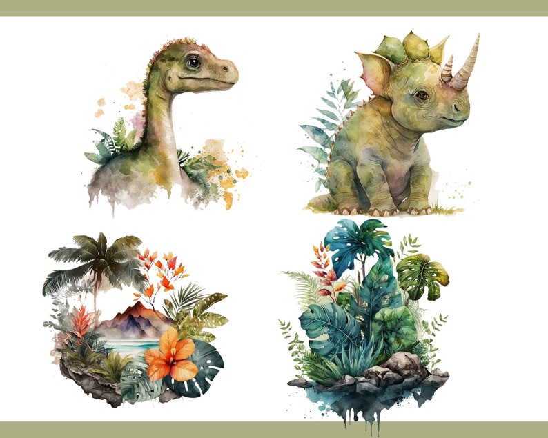 May include: Watercolor illustrations of dinosaurs and tropical scenes. The image features a Brontosaurus, a Triceratops, a tropical island scene with a mountain, and a lush arrangement of tropical plants. The artwork uses a soft color palette with green, orange, and blue hues.
