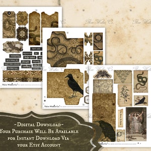 May include: A digital printable set of vintage style illustrations featuring snakes, ravens, and a woman in a white dress. The illustrations are in shades of brown, black, and white and have a gothic aesthetic. The text "Three Wishes Co." appears on several of the illustrations.