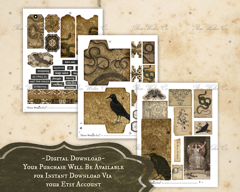 May include: A digital printable set of vintage style illustrations featuring snakes, ravens, and a woman in a white dress. The illustrations are in shades of brown, black, and white and have a gothic aesthetic. The text "Three Wishes Co." appears on several of the illustrations.