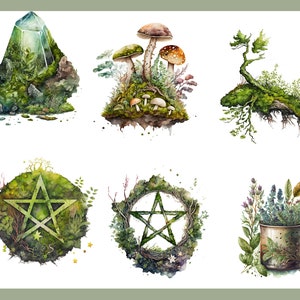 Op de afbeelding: Zes aquarel illustraties van natuurelementen, waaronder een kristal, paddenstoelen, een boom, een pentagram, een pentagram in een krans en een mok gevuld met kruiden.