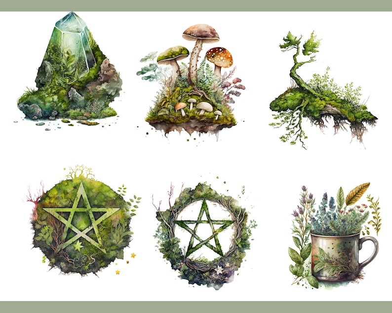 Op de afbeelding: Zes aquarel illustraties van natuurelementen, waaronder een kristal, paddenstoelen, een boom, een pentagram, een pentagram in een krans en een mok gevuld met kruiden.