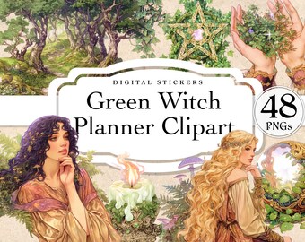 Pacchetto di clipart di streghe verdi, adesivi per planner pagani (PNG, uso commerciale)