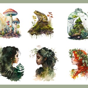 Op de afbeelding: Een aquarel-illustratieset met een kikker op een mossige rots, een groep paddenstoelen, een glazen pot met een miniatuurbos erin en drie vrouwelijke figuren met bladerenkransen.