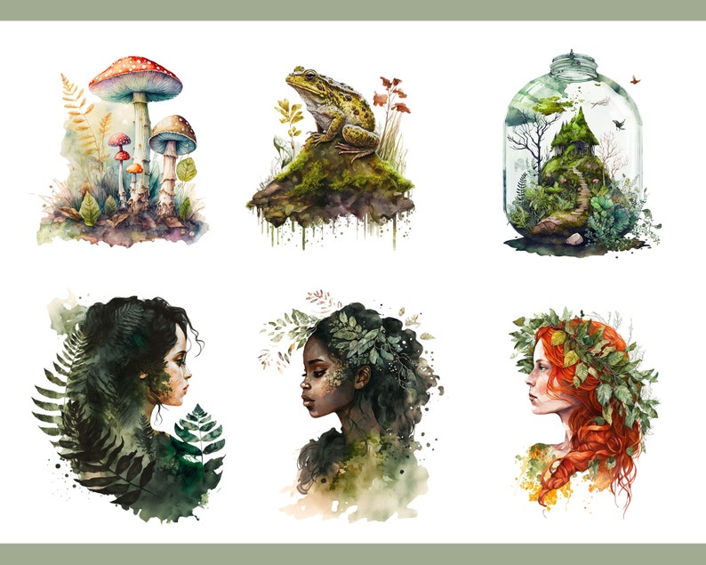 Op de afbeelding: Een aquarel-illustratieset met een kikker op een mossige rots, een groep paddenstoelen, een glazen pot met een miniatuurbos erin en drie vrouwelijke figuren met bladerenkransen.