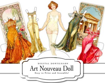 May include: Art Nouveau paper doll with a woman and four dresses. The dresses are in shades of yellow, orange, green, and pink. The text on the image reads "Art Nouveau Doll" and "Easy to Print and Assemble!"
