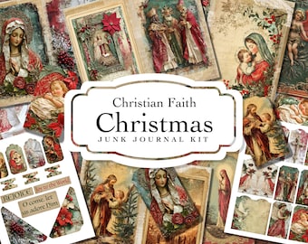Puede incluir: Un kit digital de diario de chatarra con temática navideña cristiana. El kit incluye imágenes de la natividad, ángeles y figuras religiosas. El texto "Christian Faith Christmas Junk Journal Kit" se muestra en una pancarta blanca.