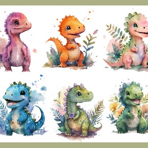 May include: Watercolor illustrations of six adorable baby dinosaurs in various colors, including pink, orange, blue, and green. Each dinosaur is surrounded by watercolor foliage and flowers, with a friendly expression.
