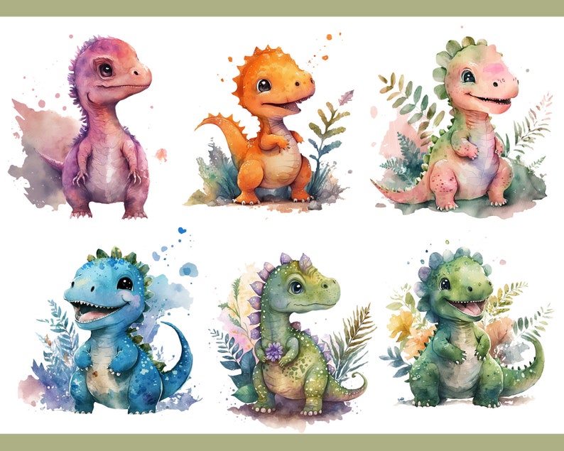 May include: Watercolor illustrations of six adorable baby dinosaurs in various colors, including pink, orange, blue, and green. Each dinosaur is surrounded by watercolor foliage and flowers, with a friendly expression.