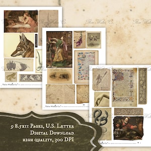 May include: A digital collage sheet with nine vintage images, including a wolf, a frog, a snake, a woman in a long dress, a hand, and a book with ornate lettering. The images are on a cream background with a brown border. The text "Three Wishes Co." appears on the bottom of each sheet. The text "9 8.5x11 Pages, U.S. Letter Digital Download High Quality, 300 DPI" appears at the bottom of the image.