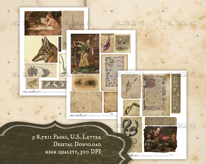 May include: A digital collage sheet with nine vintage images, including a wolf, a frog, a snake, a woman in a long dress, a hand, and a book with ornate lettering. The images are on a cream background with a brown border. The text "Three Wishes Co." appears on the bottom of each sheet. The text "9 8.5x11 Pages, U.S. Letter Digital Download High Quality, 300 DPI" appears at the bottom of the image.