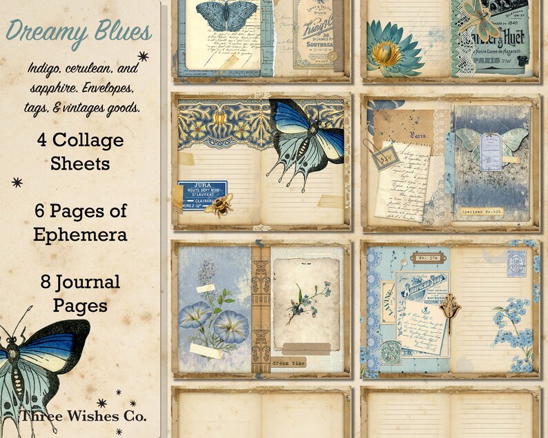 Blue Junk Journal Kit, Vintage Ephemera, Collage Papers (digital ...