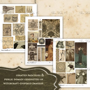 May include: A collage of vintage images featuring a variety of witchcraft-inspired imagery, including skulls, ravens, snakes, candles, and a castle. The images are arranged in a grid pattern on a brown background.
