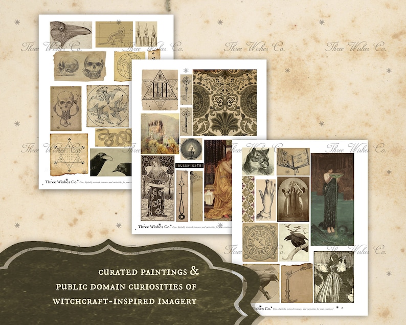 May include: A collage of vintage images featuring a variety of witchcraft-inspired imagery, including skulls, ravens, snakes, candles, and a castle. The images are arranged in a grid pattern on a brown background.