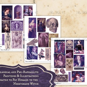 Op de afbeelding: Een digitale collage van vintage illustraties en schilderijen in tinten paars, met schedels, skeletten, bloemen en vrouwen. De tekst "CLASSICAL AND PRE-RAPHAELITE PAINTINGS & ILLUSTRATIONS CURATED TO PAY HOMAGE TO THE NIGHTSHADE WITCH" staat onderaan.