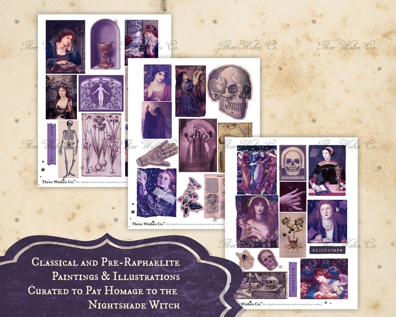 Op de afbeelding: Een digitale collage van vintage illustraties en schilderijen in tinten paars, met schedels, skeletten, bloemen en vrouwen. De tekst "CLASSICAL AND PRE-RAPHAELITE PAINTINGS & ILLUSTRATIONS CURATED TO PAY HOMAGE TO THE NIGHTSHADE WITCH" staat onderaan.
