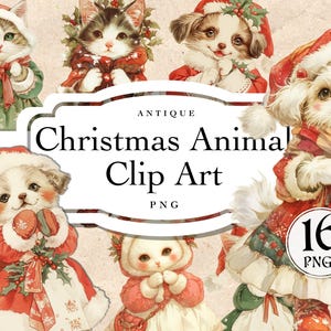 Puede incluir: Un conjunto de 16 imágenes de clip art de animales navideños antiguos en formato PNG. Las imágenes presentan gatos, perros y un conejito con ropa y sombreros festivos rojos y verdes. Las imágenes son perfectas para agregar un toque de encanto vintage a tus proyectos navideños.