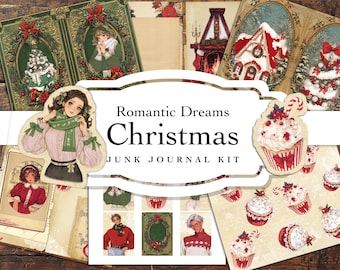 May include: A digital junk journal kit with a romantic Christmas theme. The kit includes images of a girl in a green scarf, a cupcake with a candy cane, a house with snow on the roof, and a Christmas tree. The text "Romantic Dreams Christmas Junk Journal Kit" is displayed on the image.