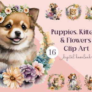 Chiots, chatons et fleurs PNG, Images clipart, Bébé, Anniversaire, Crèche, Chats, Chiens, Mignon, Transparent, Baby Shower, Fichier PNG, Téléchargement numérique