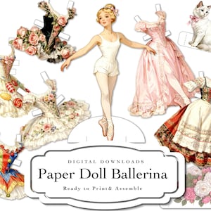 Puede incluir: Una bailarina de papel con una selección de vestidos, incluyendo un vestido de gala rosa y un vestido con temática de caramelos. La imagen incluye un gato blanco con un lazo rosa y el texto "Paper Doll Ballerina".