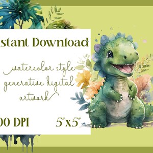 May include: Watercolor-style digital artwork featuring a smiling green dinosaur with a spiky back, surrounded by flowers and foliage. The image includes the text "Instant Download" and "watercolor style generative digital artwork". The image is 5"x5".